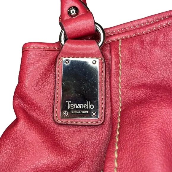 Tignanello Red Leather Hobo Bag With Striped Satin Interior Shoulder Purse - Picture 3 of 16